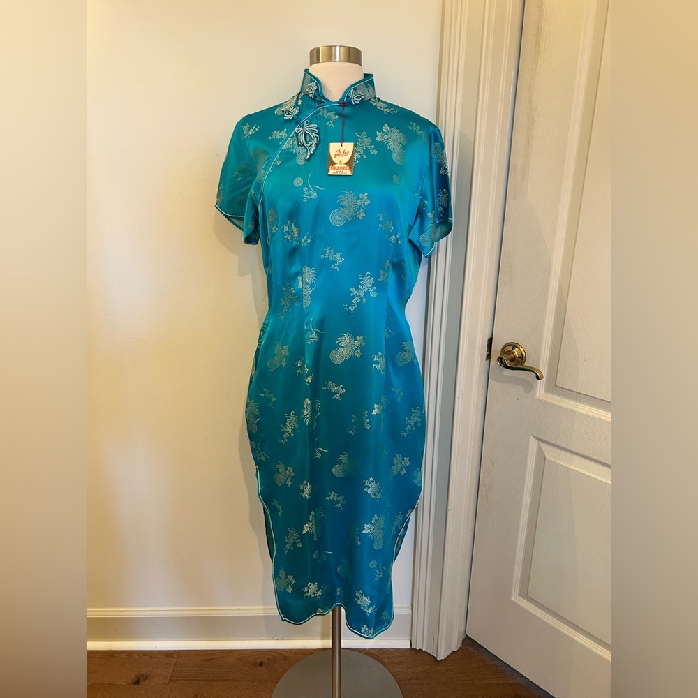 Vintage Squirrel Blue and Gold Qipao Midi Dress NWT